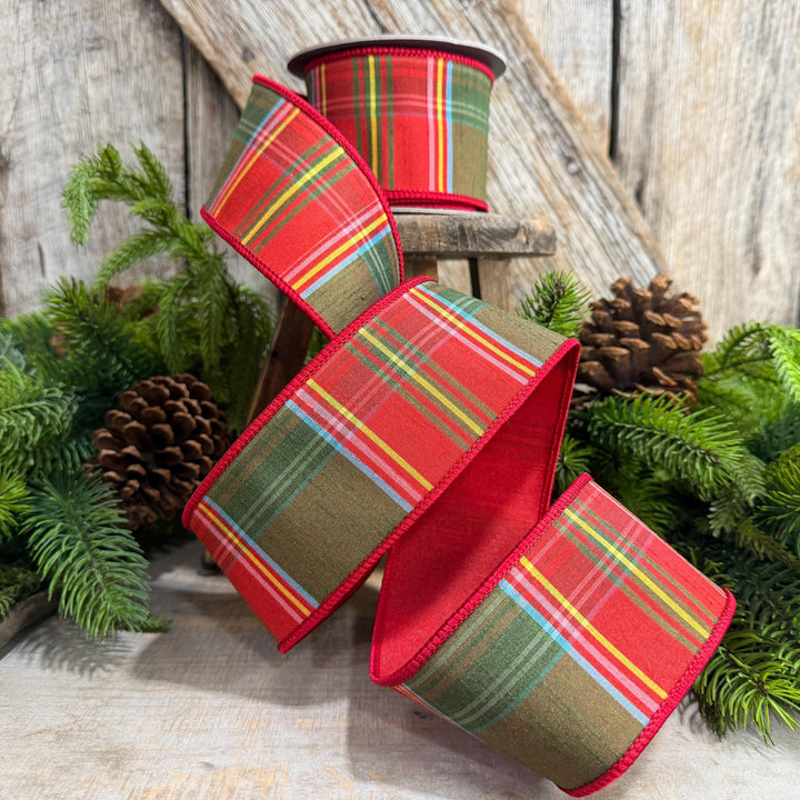 2.5" RedGreen Christmas Plaid Ribbon, Wired Ribbon, Tartan Chirstmas Plaid RIbbon