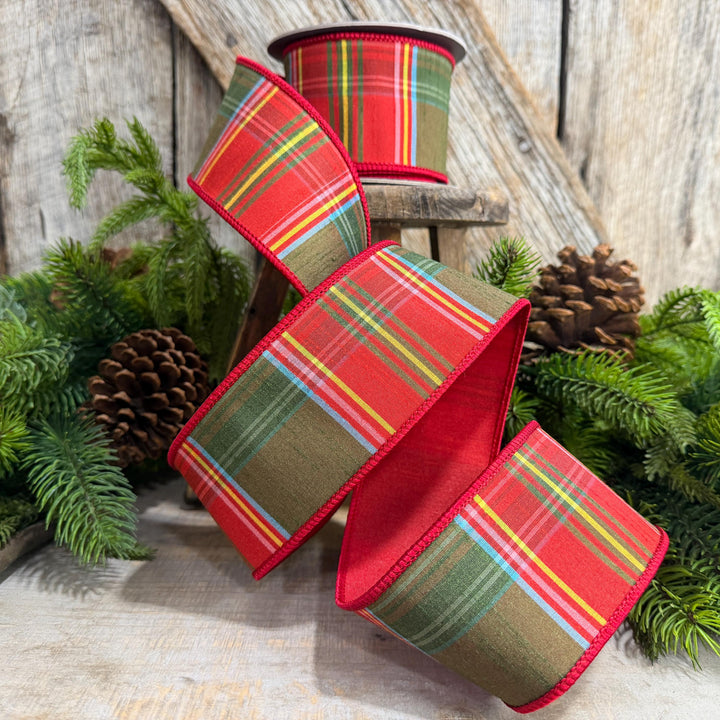 2.5" RedGreen Christmas Plaid Ribbon, Wired Ribbon, Tartan Chirstmas Plaid RIbbon