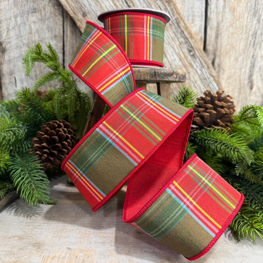 2.5" RedGreen Christmas Plaid Ribbon, Wired Ribbon, Tartan Chirstmas Plaid RIbbon