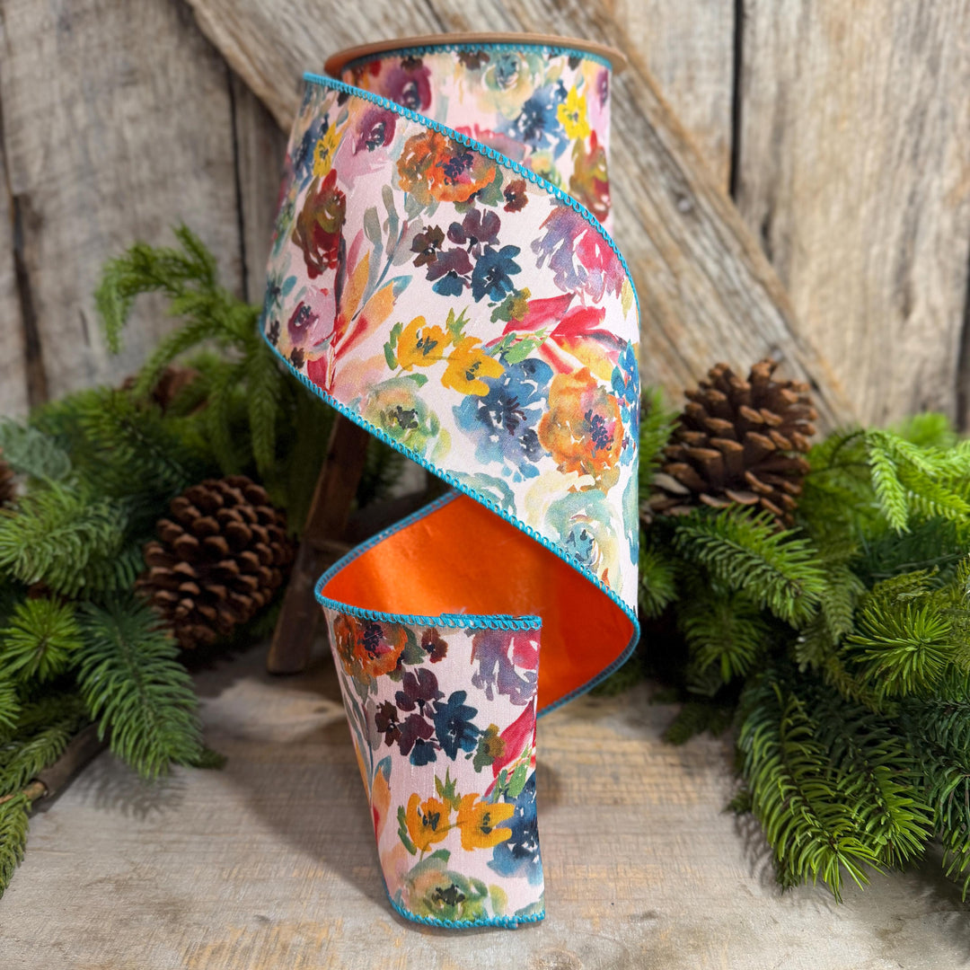 4" Fall Floral Ribbon, Turquoise Floral Ribbon, Autumn Designer Ribbon