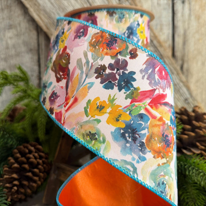 4" Fall Floral Ribbon, Turquoise Floral Ribbon, Autumn Designer Ribbon