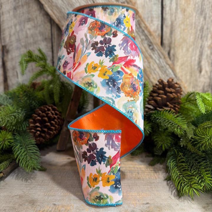 4" Fall Floral Ribbon, Turquoise Floral Ribbon, Autumn Designer Ribbon