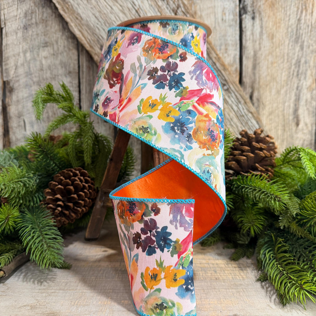 4" Fall Floral Ribbon, Turquoise Floral Ribbon, Autumn Designer Ribbon