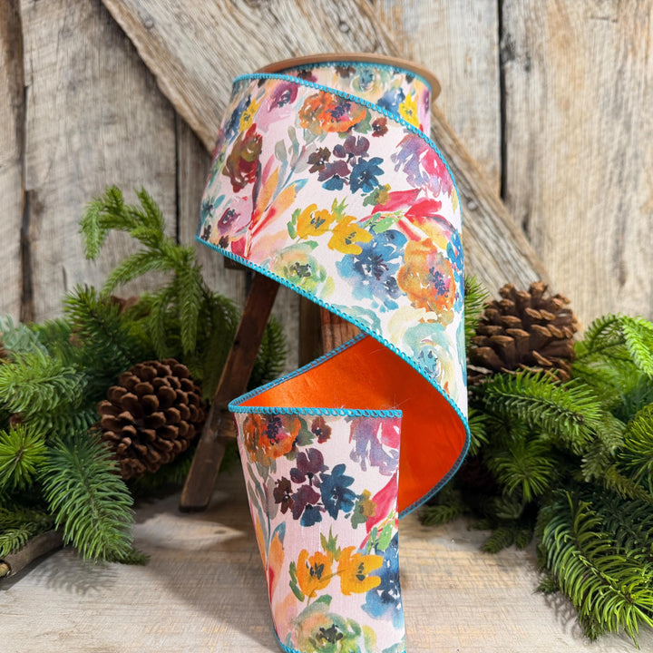 4" Fall Floral Ribbon, Turquoise Floral Ribbon, Autumn Designer Ribbon