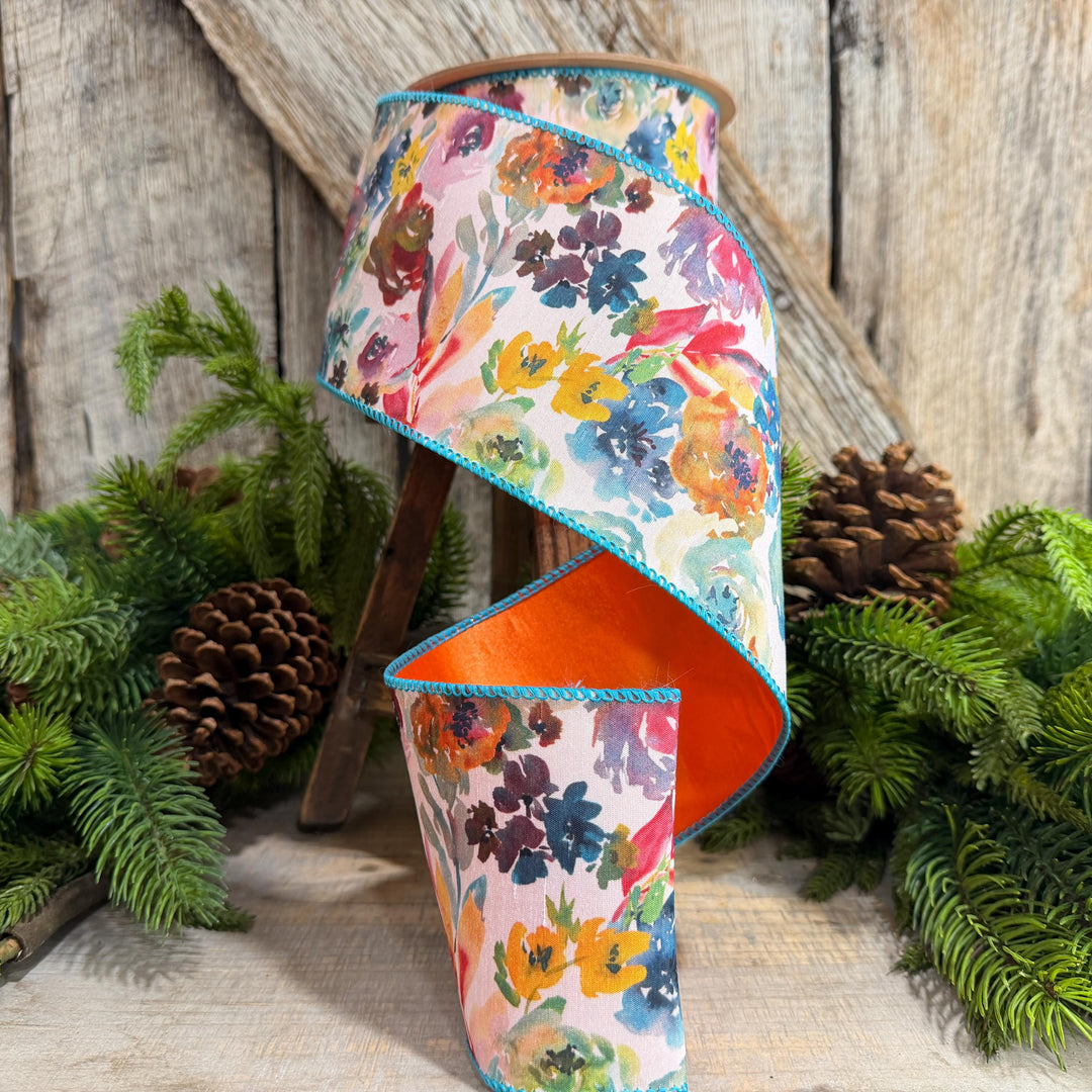 4" Fall Floral Ribbon, Turquoise Floral Ribbon, Autumn Designer Ribbon