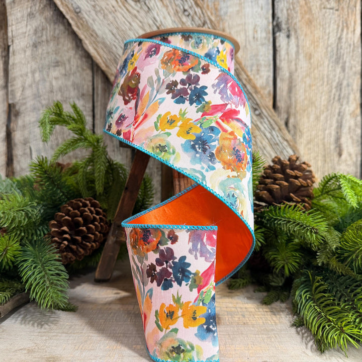 4" Fall Floral Ribbon, Turquoise Floral Ribbon, Autumn Designer Ribbon
