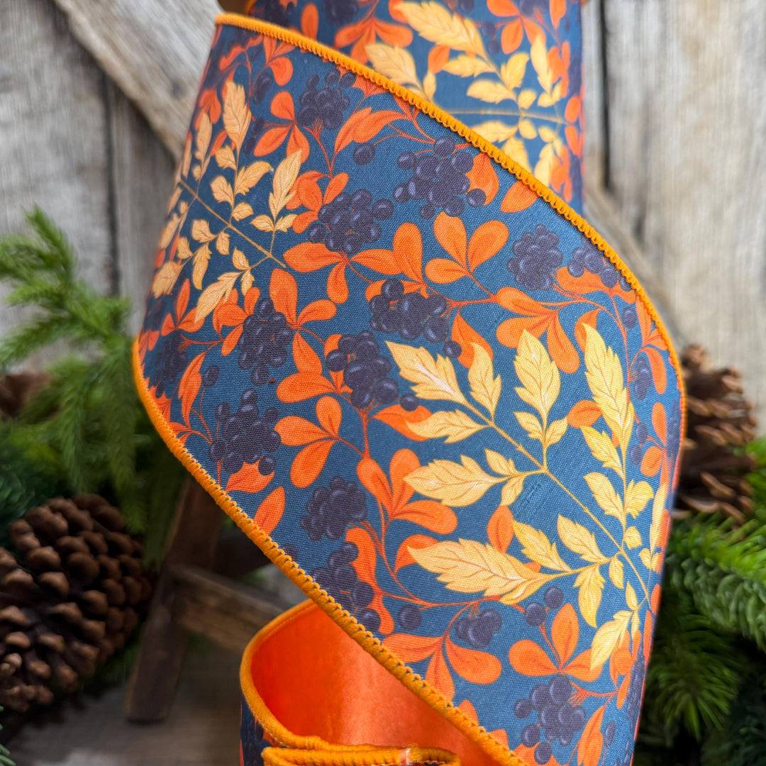 4" Fall Floral Ribbon, Navy Blue Floral Ribbon, Autumn Designer Ribbon