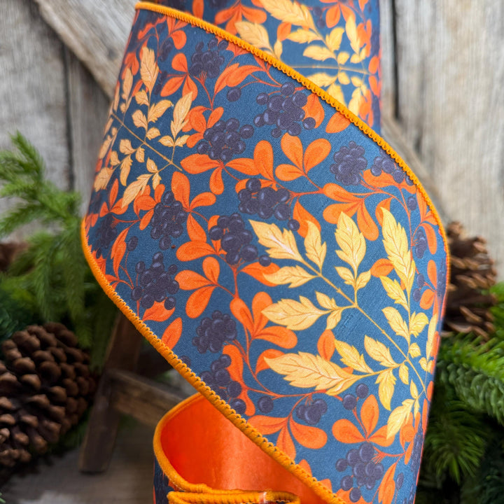 4" Fall Floral Ribbon, Navy Blue Floral Ribbon, Autumn Designer Ribbon