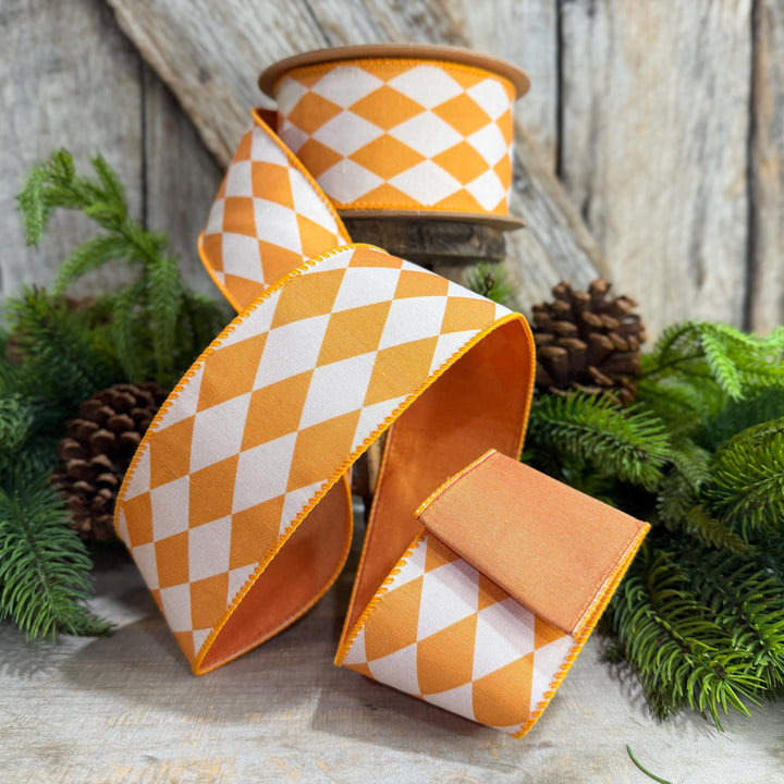 2.5" Orange Harlequin Ribbon, Fall Ribbon, Christmas Ribbon, Diamond Pattern