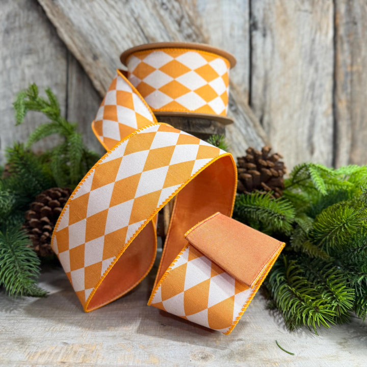 2.5" Orange Harlequin Ribbon, Fall Ribbon, Christmas Ribbon, Diamond Pattern