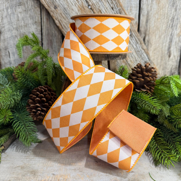 2.5" Orange Harlequin Ribbon, Fall Ribbon, Christmas Ribbon, Diamond Pattern
