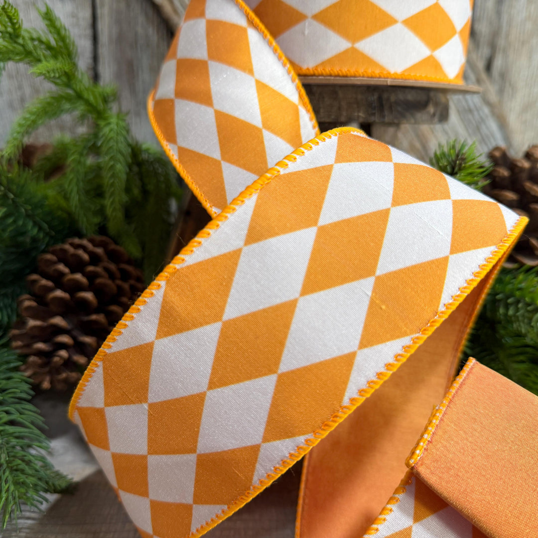 2.5" Orange Harlequin Ribbon, Fall Ribbon, Christmas Ribbon, Diamond Pattern