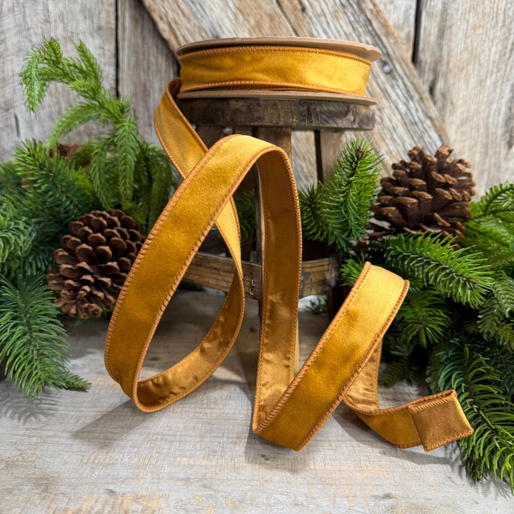 1" Antique Gold Wired Ribbon, Gold Christmas Velvet Ribbon