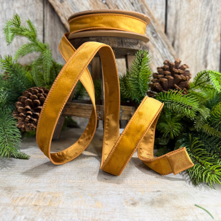 1" Antique Gold Wired Ribbon, Gold Christmas Velvet Ribbon