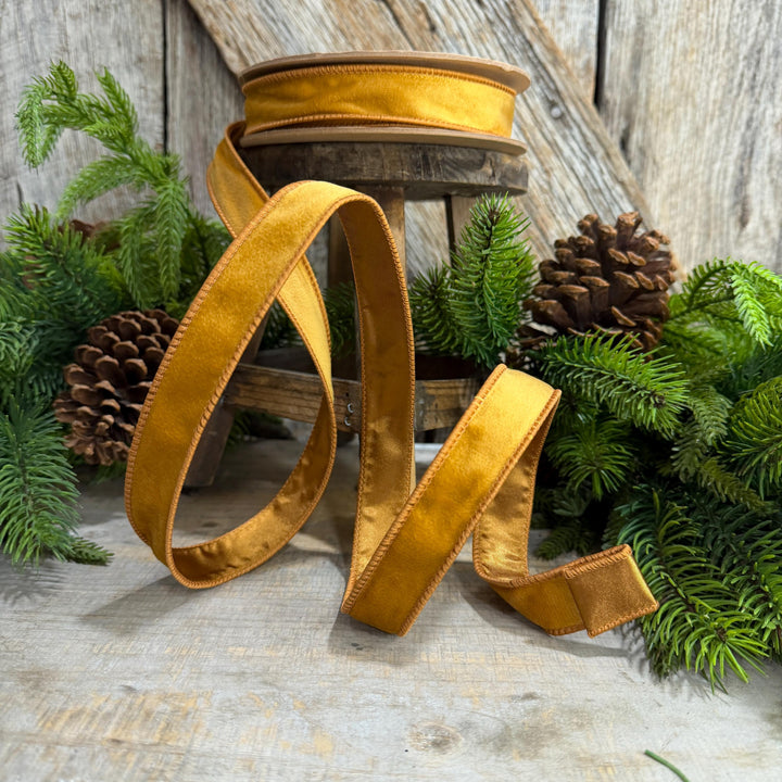 1" Antique Gold Wired Ribbon, Gold Christmas Velvet Ribbon