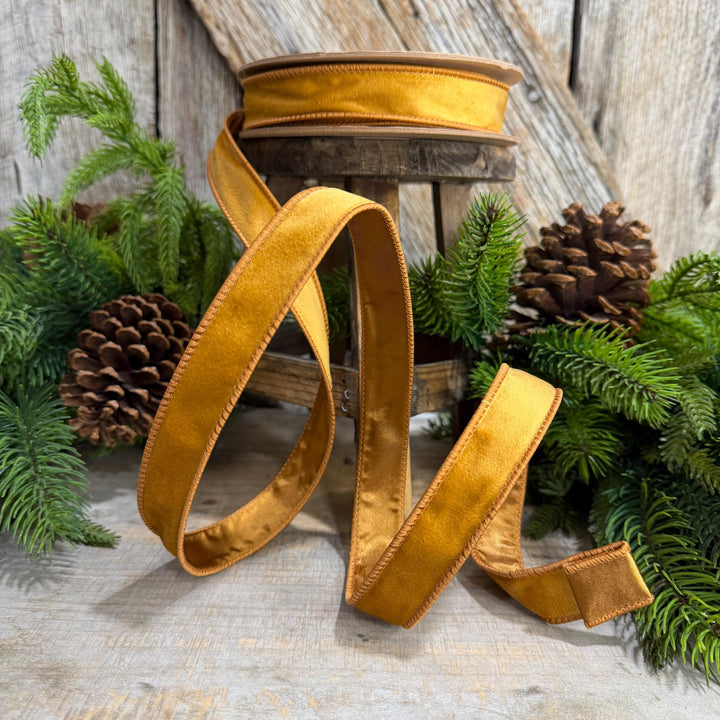 1" Antique Gold Wired Ribbon, Gold Christmas Velvet Ribbon