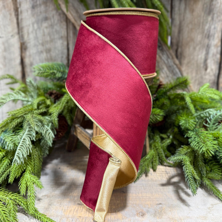4" Burgundy Gold Velvet Ribbon, Burgundy Velvet Ribbon, Christmas RIbbon, Red and Gold Velvet Ribbon, Designer Ribbon, Gift Wrap Ribbon