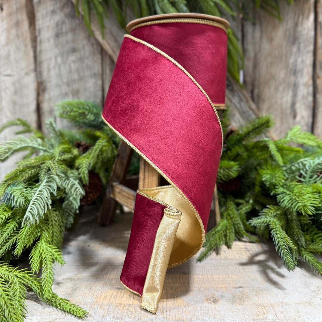 4" Burgundy Gold Velvet Ribbon, Burgundy Velvet Ribbon, Christmas RIbbon, Red and Gold Velvet Ribbon, Designer Ribbon, Gift Wrap Ribbon
