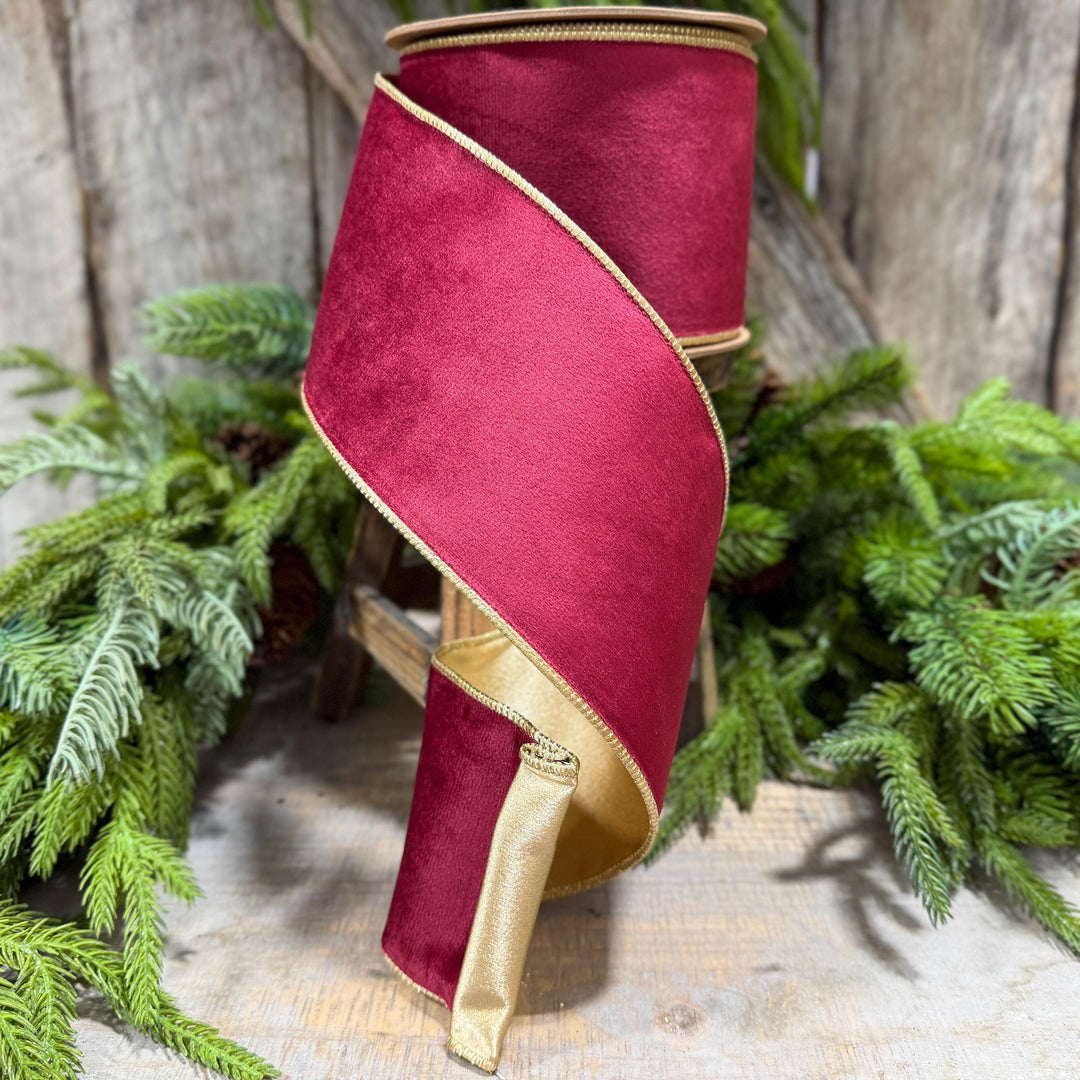 4" Burgundy Gold Velvet Ribbon, Burgundy Velvet Ribbon, Christmas RIbbon, Red and Gold Velvet Ribbon, Designer Ribbon, Gift Wrap Ribbon