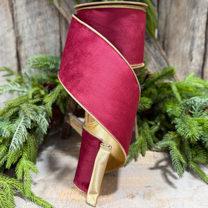4" Burgundy Gold Velvet Ribbon, Burgundy Velvet Ribbon, Christmas RIbbon, Red and Gold Velvet Ribbon, Designer Ribbon, Gift Wrap Ribbon