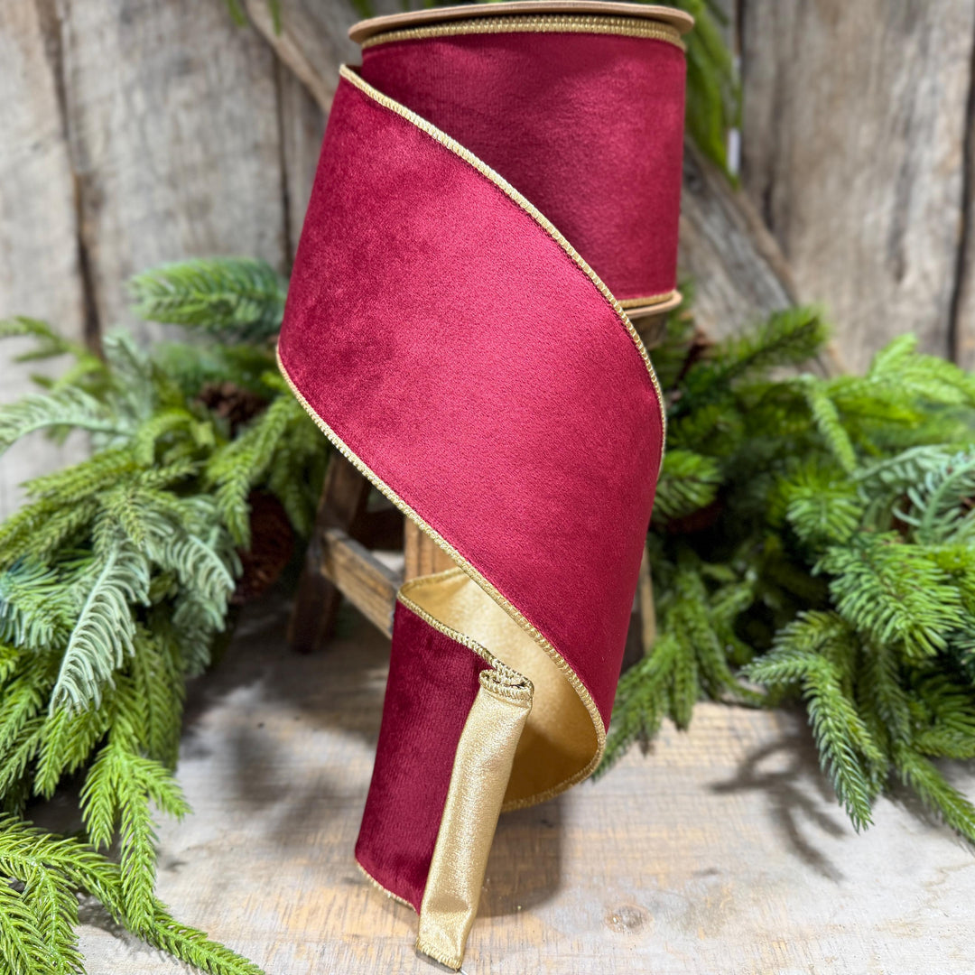 4" Burgundy Gold Velvet Ribbon, Burgundy Velvet Ribbon, Christmas RIbbon, Red and Gold Velvet Ribbon, Designer Ribbon, Gift Wrap Ribbon
