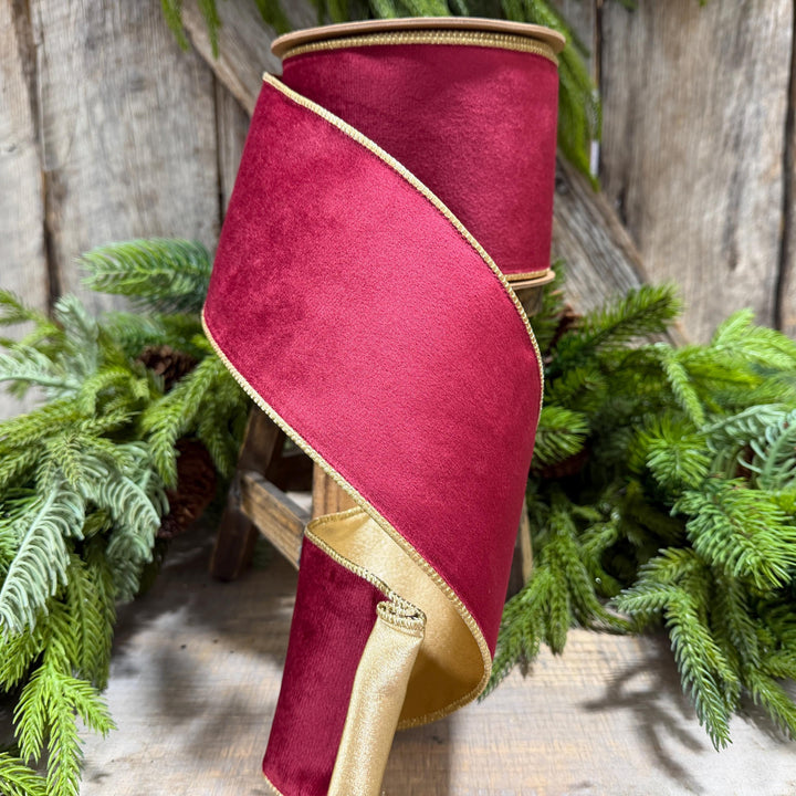 4" Burgundy Gold Velvet Ribbon, Burgundy Velvet Ribbon, Christmas RIbbon, Red and Gold Velvet Ribbon, Designer Ribbon, Gift Wrap Ribbon