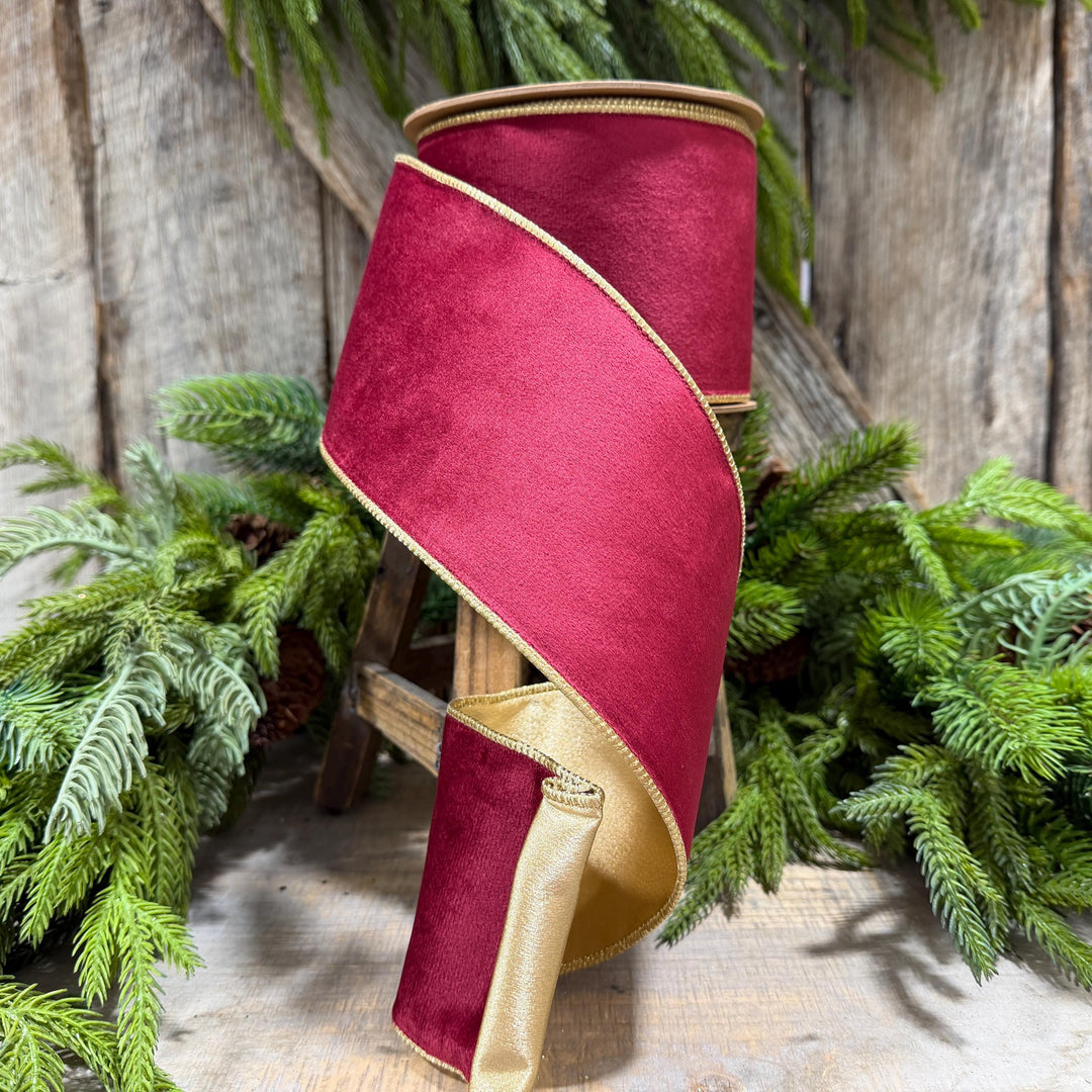 4" Burgundy Gold Velvet Ribbon, Burgundy Velvet Ribbon, Christmas RIbbon, Red and Gold Velvet Ribbon, Designer Ribbon, Gift Wrap Ribbon