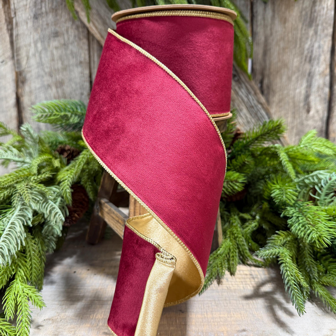 4" Burgundy Gold Velvet Ribbon, Burgundy Velvet Ribbon, Christmas RIbbon, Red and Gold Velvet Ribbon, Designer Ribbon, Gift Wrap Ribbon
