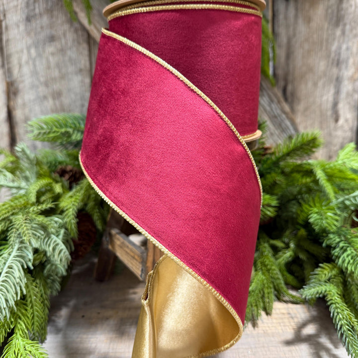 4" Burgundy Gold Velvet Ribbon, Burgundy Velvet Ribbon, Christmas RIbbon, Red and Gold Velvet Ribbon, Designer Ribbon, Gift Wrap Ribbon