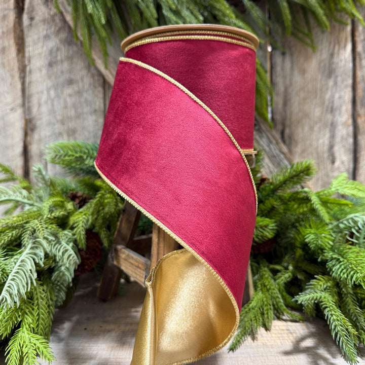 4" Burgundy Gold Velvet Ribbon, Burgundy Velvet Ribbon, Christmas RIbbon, Red and Gold Velvet Ribbon, Designer Ribbon, Gift Wrap Ribbon