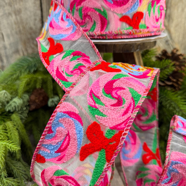 2.5" Lollipop Swirls Ribbon, Farrilk Embroidered Ribbon, Christmas Ribbon