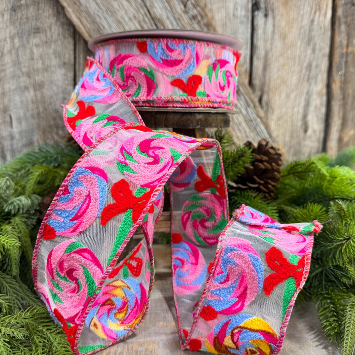 2.5" Lollipop Swirls Ribbon, Farrilk Embroidered Ribbon, Christmas Ribbon