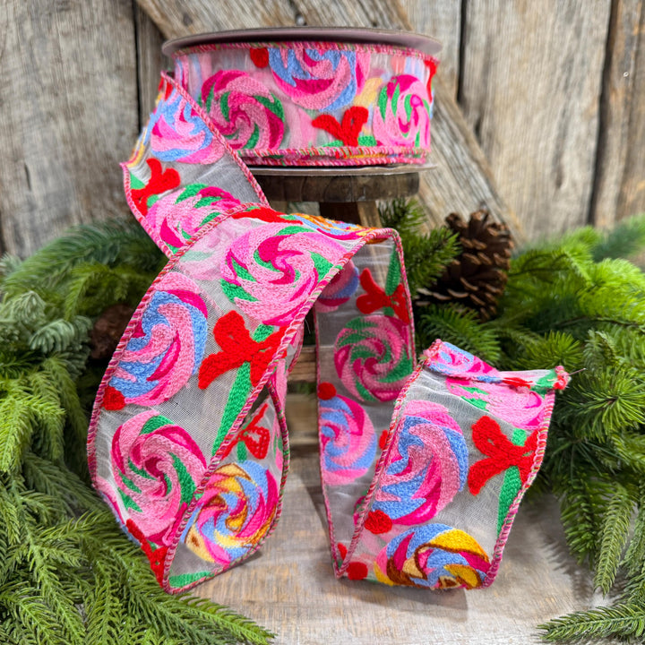 2.5" Lollipop Swirls Ribbon, Farrilk Embroidered Ribbon, Christmas Ribbon