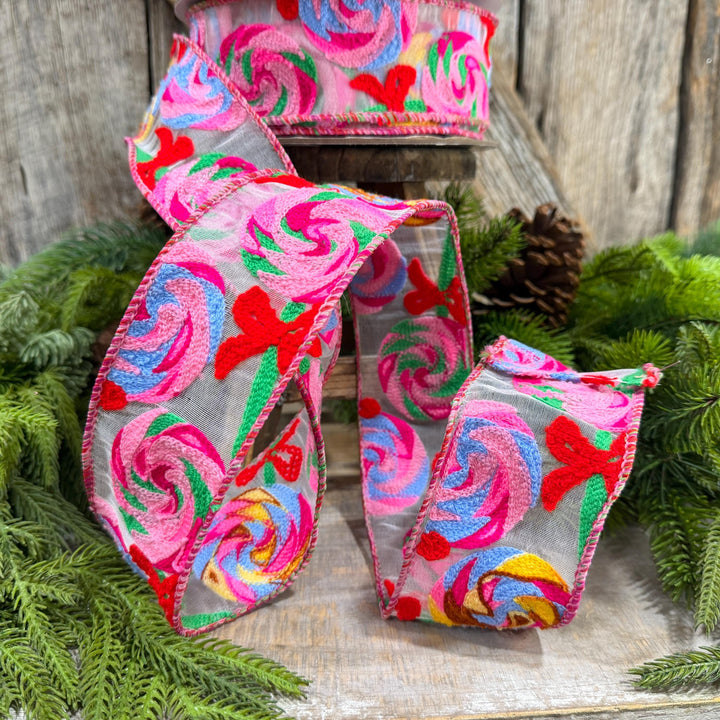2.5" Lollipop Swirls Ribbon, Farrilk Embroidered Ribbon, Christmas Ribbon
