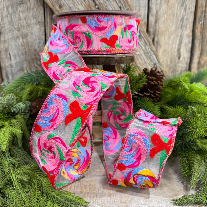2.5" Lollipop Swirls Ribbon, Farrilk Embroidered Ribbon, Christmas Ribbon