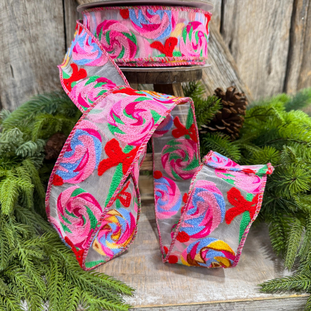 2.5" Lollipop Swirls Ribbon, Farrilk Embroidered Ribbon, Christmas Ribbon