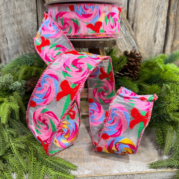 2.5" Lollipop Swirls Ribbon, Farrilk Embroidered Ribbon, Christmas Ribbon