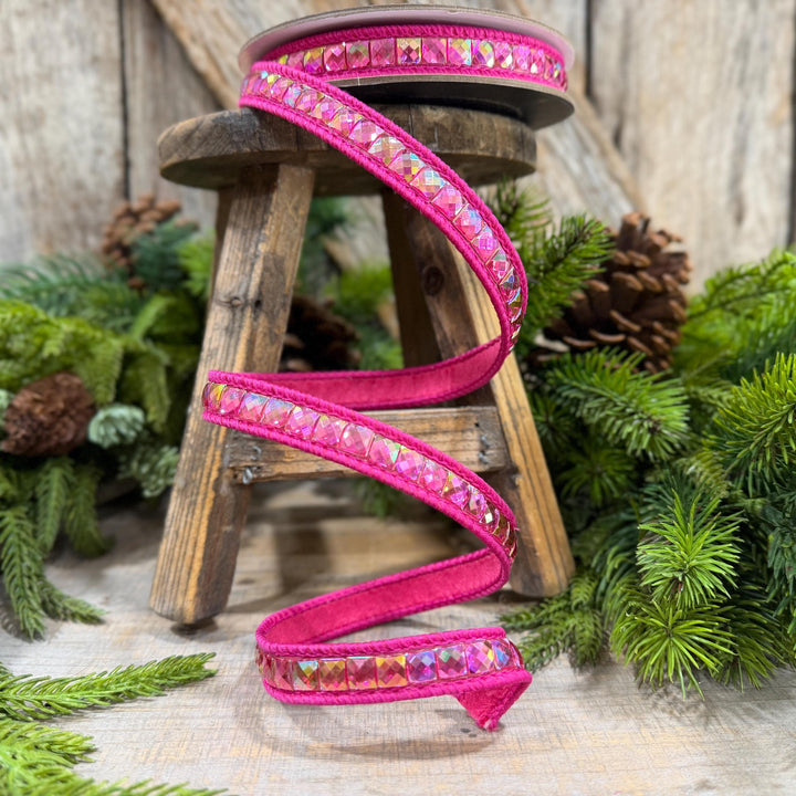 3/4" Hot Pink Gemstone Ribbon, Farrisilk Aurora Gemstones, Hot Pink Jeweled Ribbon