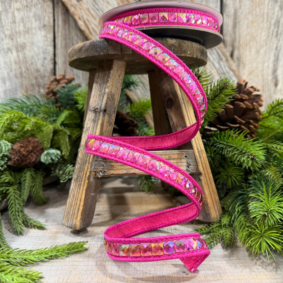 3/4" Hot Pink Gemstone Ribbon, Farrisilk Aurora Gemstones, Hot Pink Jeweled Ribbon