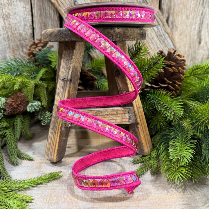3/4" Hot Pink Gemstone Ribbon, Farrisilk Aurora Gemstones, Hot Pink Jeweled Ribbon