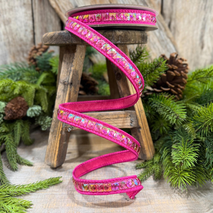 3/4" Hot Pink Gemstone Ribbon, Farrisilk Aurora Gemstones, Hot Pink Jeweled Ribbon