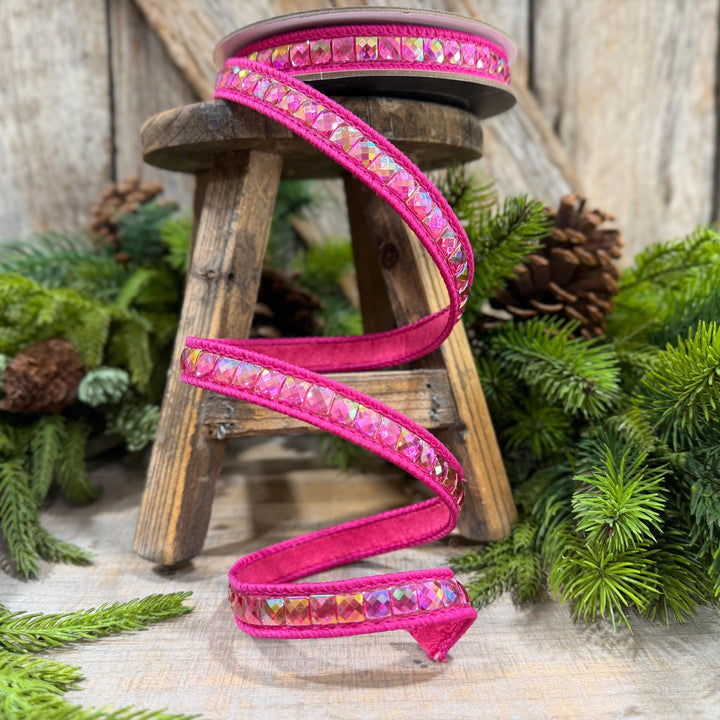 3/4" Hot Pink Gemstone Ribbon, Farrisilk Aurora Gemstones, Hot Pink Jeweled Ribbon