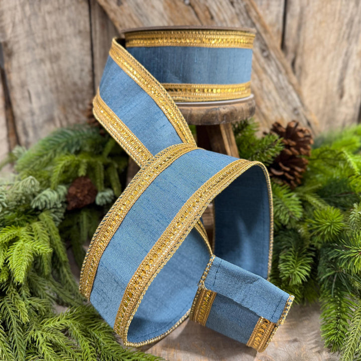 2.5" Steel Blue Twinkle Borders Ribbon, Farrisilk Christmas Ribbon, Dusty Blue Ribbon