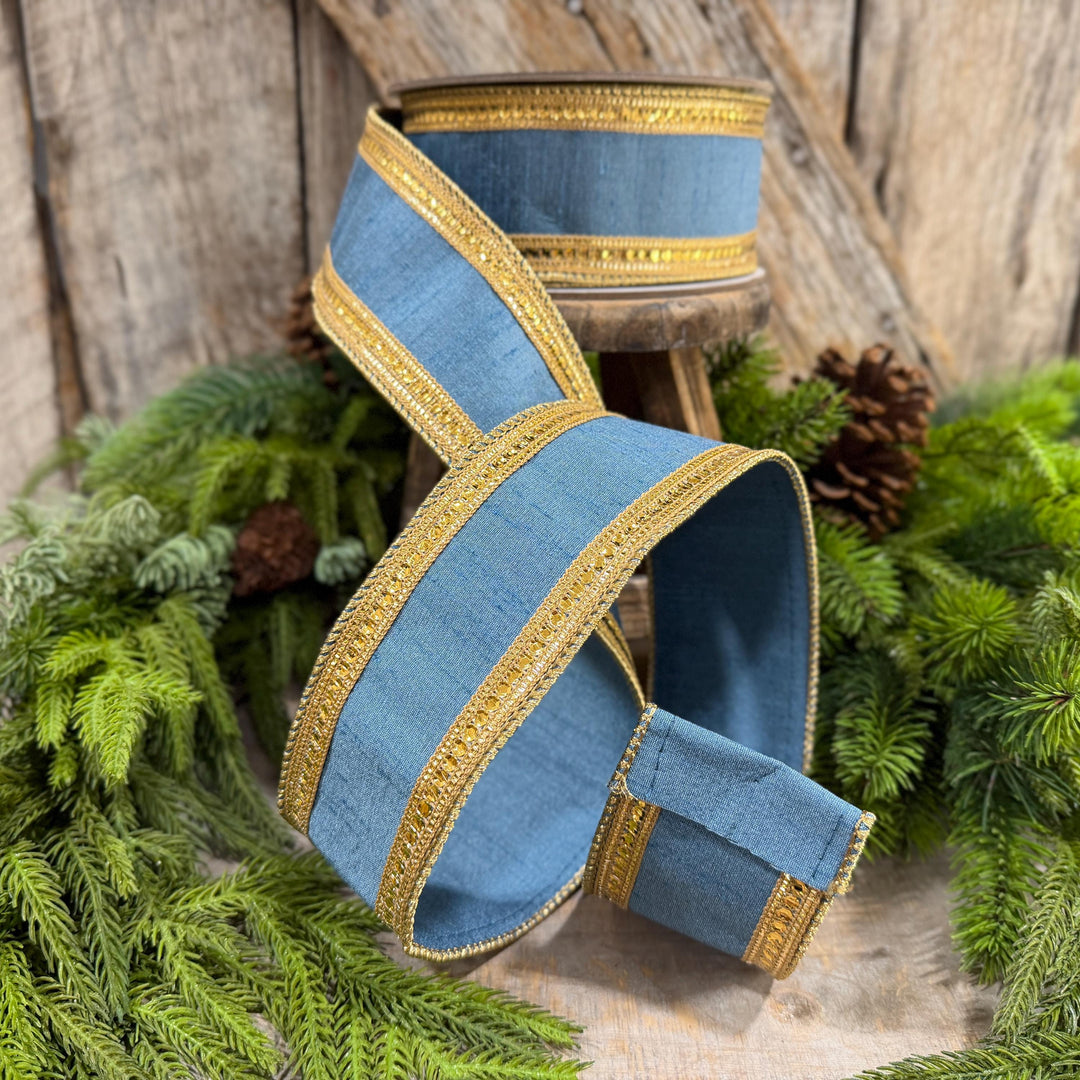 2.5" Steel Blue Twinkle Borders Ribbon, Farrisilk Christmas Ribbon, Dusty Blue Ribbon