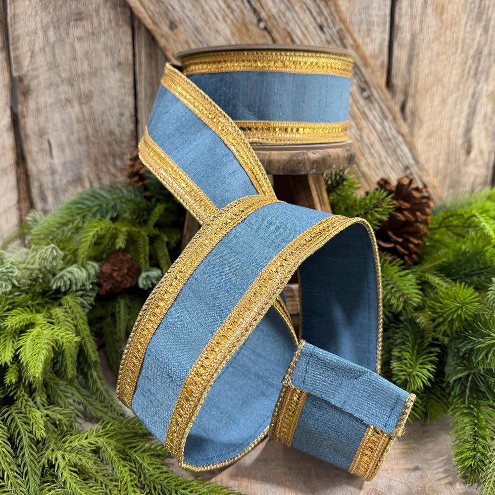 2.5" Steel Blue Twinkle Borders Ribbon, Farrisilk Christmas Ribbon, Dusty Blue Ribbon