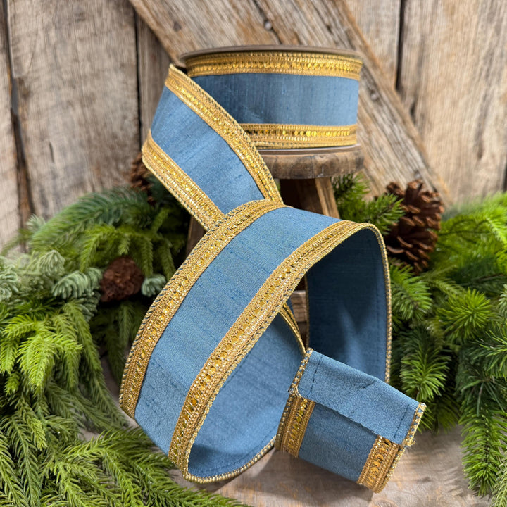 2.5" Steel Blue Twinkle Borders Ribbon, Farrisilk Christmas Ribbon, Dusty Blue Ribbon