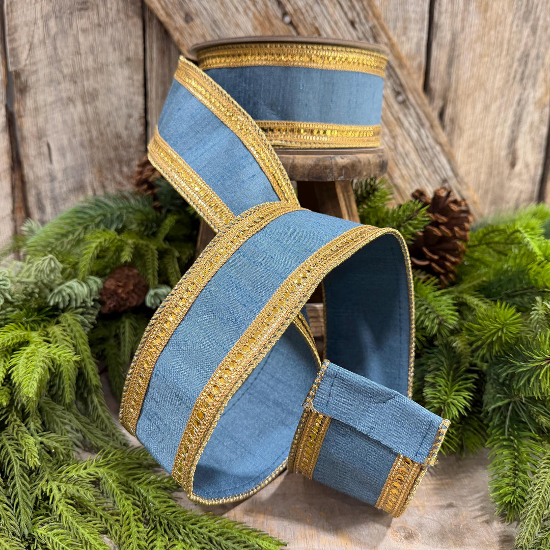 2.5" Steel Blue Twinkle Borders Ribbon, Farrisilk Christmas Ribbon, Dusty Blue Ribbon