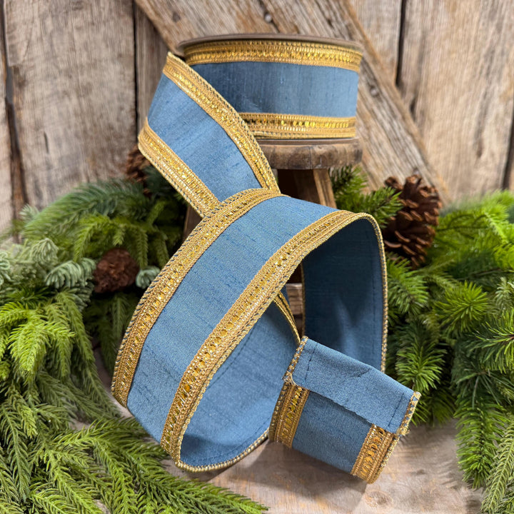 2.5" Steel Blue Twinkle Borders Ribbon, Farrisilk Christmas Ribbon, Dusty Blue Ribbon