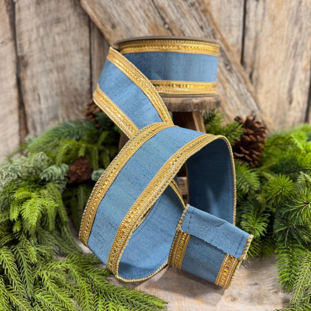 2.5" Steel Blue Twinkle Borders Ribbon, Farrisilk Christmas Ribbon, Dusty Blue Ribbon