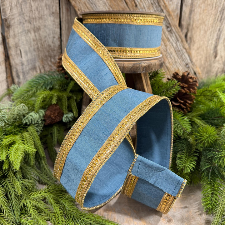2.5" Steel Blue Twinkle Borders Ribbon, Farrisilk Christmas Ribbon, Dusty Blue Ribbon